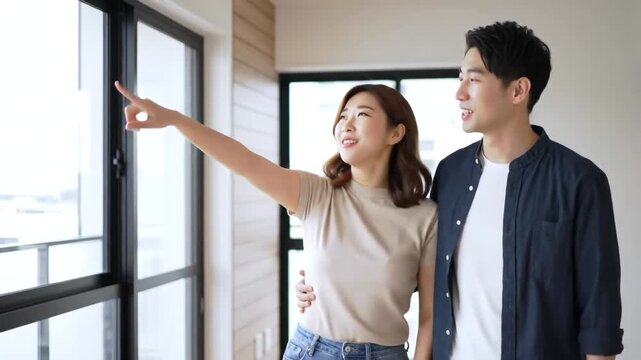 Asian couple looking at view from window in new apartment with woman pointing at something outside