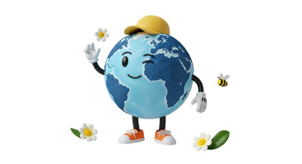 Isolated Earth Character with Cap and Flowers