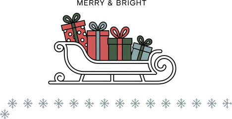 Illustration of christmas sleigh carrying four colorful gifts with snowflakes and merry and bright text