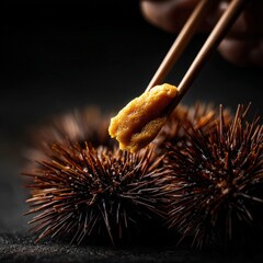 Fresh Sea Urchins with Hand Holding Delicate Sea Urchin Roe