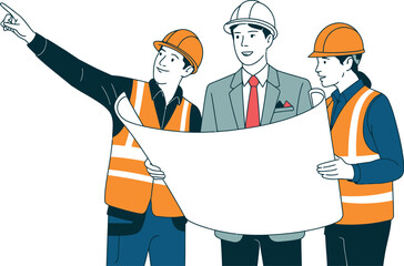 Three engineers in safety vests and hard hats reviewing a blueprint with one pointing into the distance