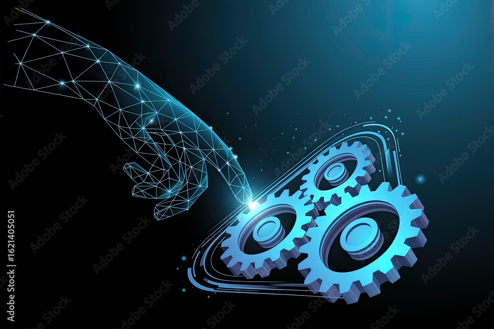 Poster abstract digital network connection flows into glowing blue gears symbolizing technological innovati