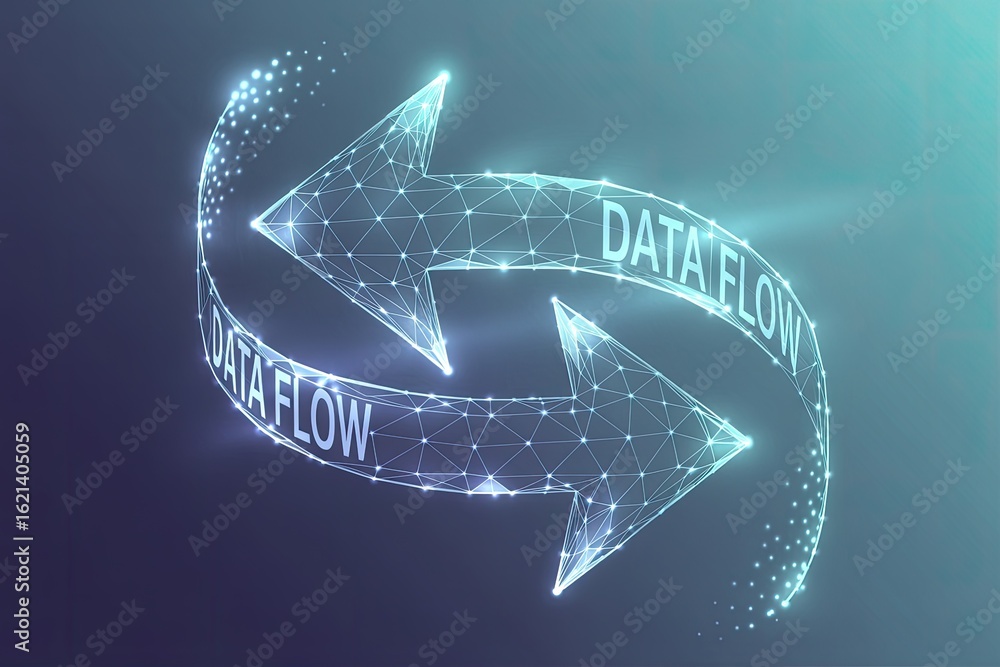 Poster abstract digital illustration of two glowing blue arrows forming a circular flow with the words data