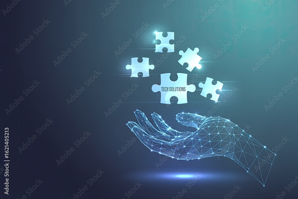 Poster abstract digital wireframe hand holding glowing puzzle pieces against a dark blue gradient backgroun