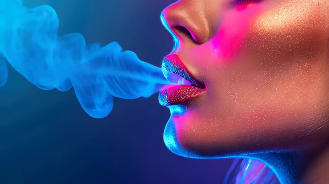 Smoldering Allure: An evocative image of a person exhaling a plume of vapor, the scene illuminated with neon hues creating an intriguing contrast.