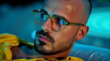 Introspective Gaze: A man with glasses, shaven head, and a groomed beard in a contemplative pose. He exudes a blend of sophistication and modern appeal.