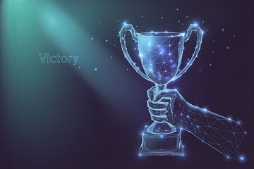 Abstract polygonal hand holding a glowing trophy with a beam of light illuminating the victory symbol in the background