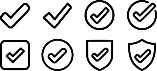 Black Line Correct Tick Icons Set including Flat Check Mark Approval and Validation Symbol Collection with Minimal Tick Icon Group for UI Web Form Task List and Success Projects
