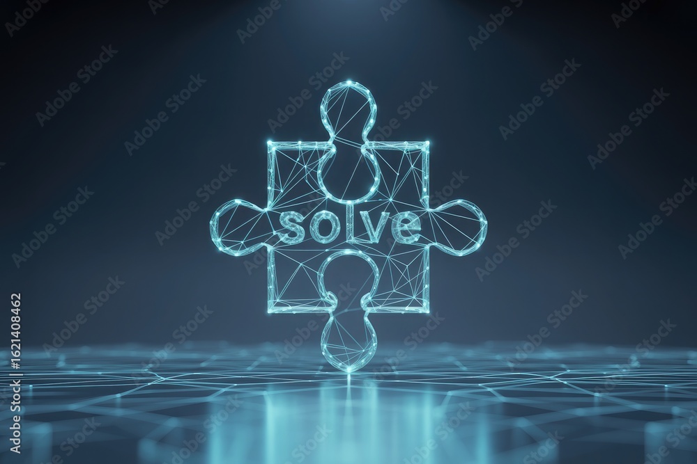 Poster digital puzzle piece glowing with the word solve in a futuristic grid network with blue light effect