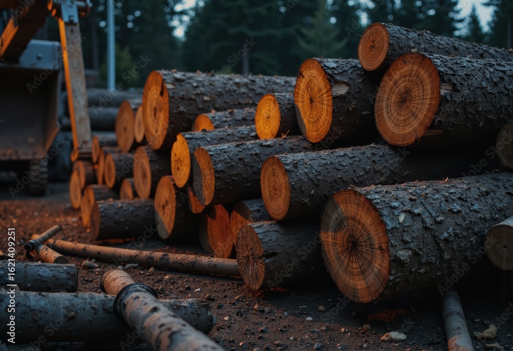 Poster log sorting yard with timber grading equipment and stacked logs