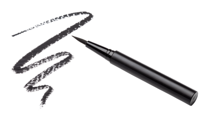Black eyeliner pen with a drawn line isolated on transparent background, showcasing makeup and cosmetic beauty