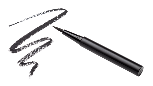 Black eyeliner pen with a drawn line isolated on transparent background, showcasing makeup and cosmetic beauty