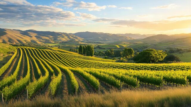 Rolling hills with lush vineyards at sunset, under partly cloudy sky