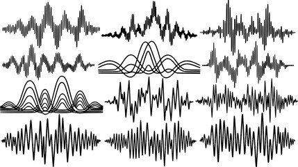 Black sound waves. Abstract music wave, radio signal frequency and digital voice visualization. Tune equalizer vector set. Monochrome volume audio lines, soundwaves rhythm