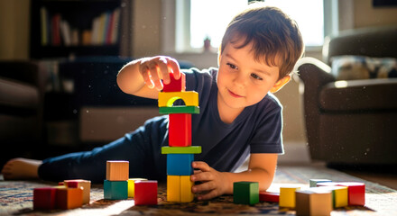 joyful toddler building a colorful wooden block tower on the floor