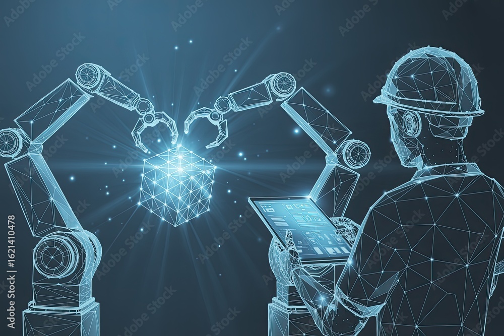 Poster engineer overseeing advanced robotic arms performing welding operations with digital tablet in a fut