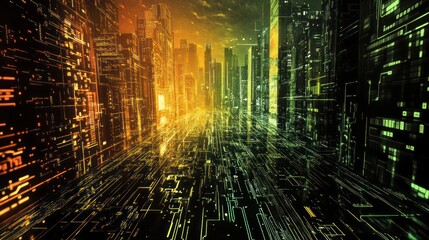 Futuristic urban landscape split between warm orange and cool green, digital lines crisscrossing