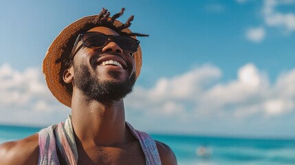 Joyful black man celebrates beach life, embracing freedom and capturing moments with his camera