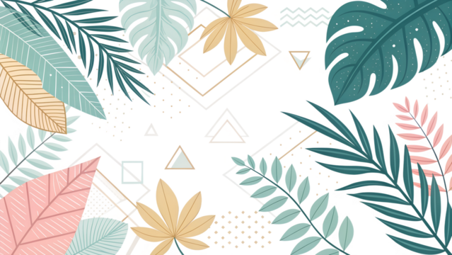 A vibrant tropical leaves background with geometric shapes creates a decorative and exotic design isolated on transparent background
