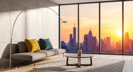 panoramic sunset view from modern apartment living room