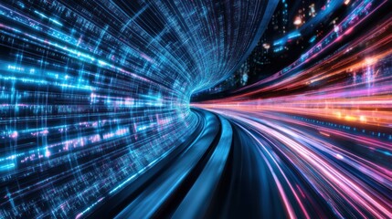 Abstract digital tunnel illustration with vibrant blue and orange streaks