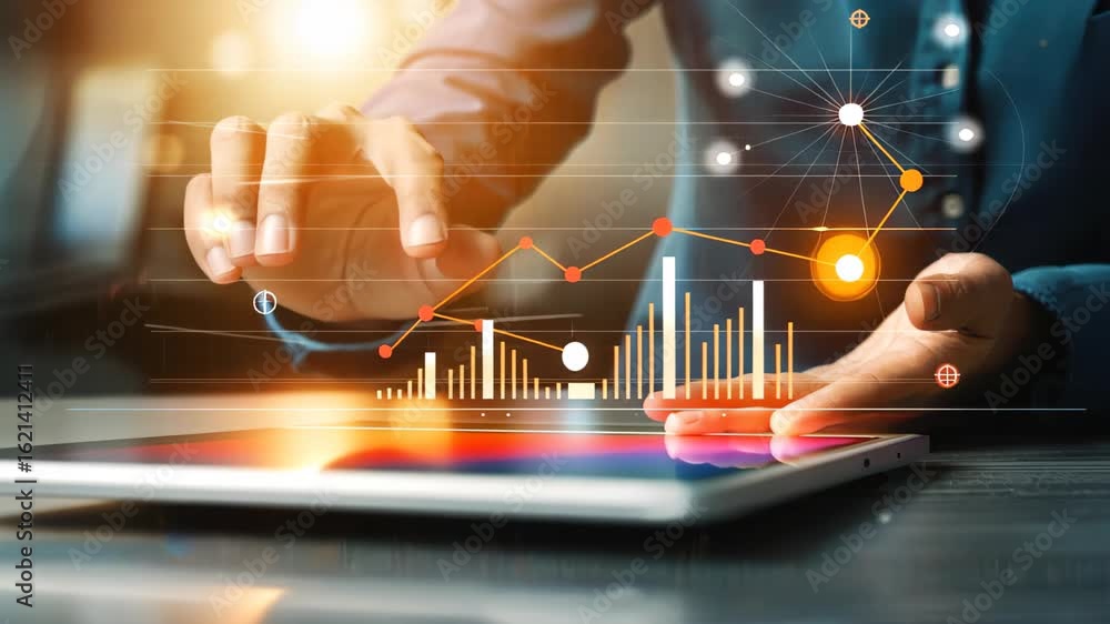Poster digital analytics and data visualization: a close-up shot reveals a person interacting with a tablet