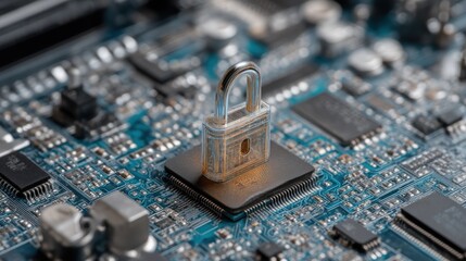 Padlock on microchip cyber security digital data protection