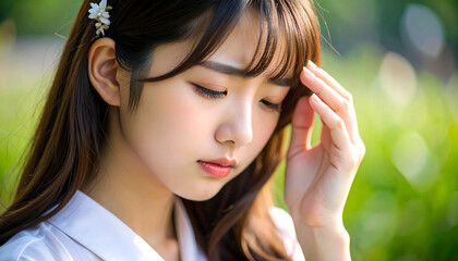 頭痛　悩む　不安　若い女性
