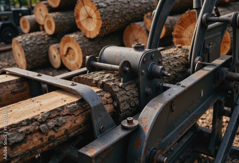 Poster log sorting yard with timber grading equipment in action