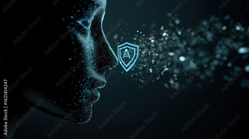 Poster sharp medium shot of an ai chatbot silhouette releasing ethereal glitching text bubbles hovering nea