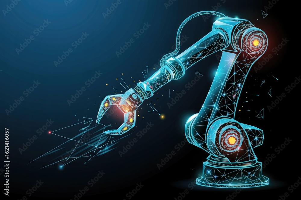Poster futuristic robotic arm with glowing elements and intricate wireframe design against a dark blue back