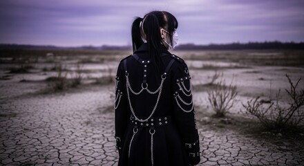 Naklejka premium Goth fashion model with mask stands in desolate cracked earth landscape