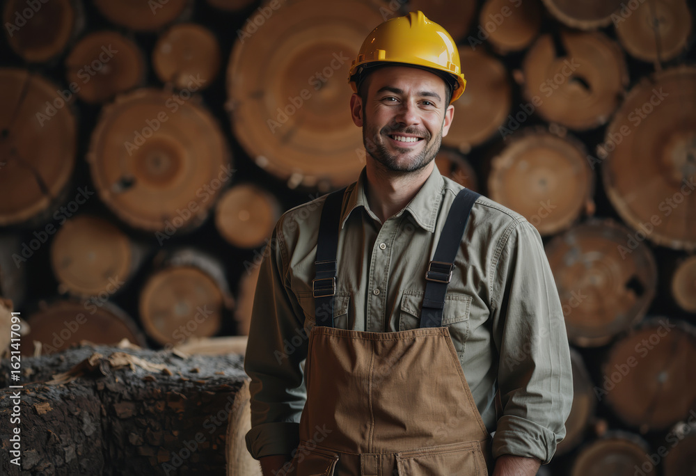 Poster timber grader assessing log quality for optimal processing in a lumber yard