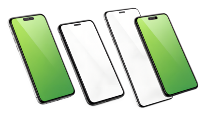 Four modern smartphones with blank screens are displayed on a transparent background, isolated on transparent background