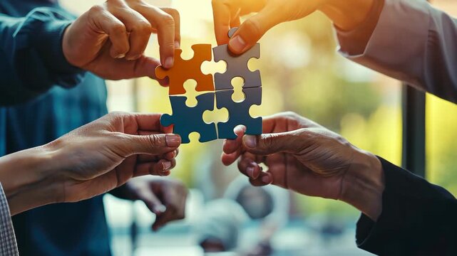 Collaboration in Puzzle: Four hands meticulously fit puzzle pieces, symbolizing teamwork, problem-solving, and unity. This scene encapsulates the essence of collaboration in achieving a common goal.