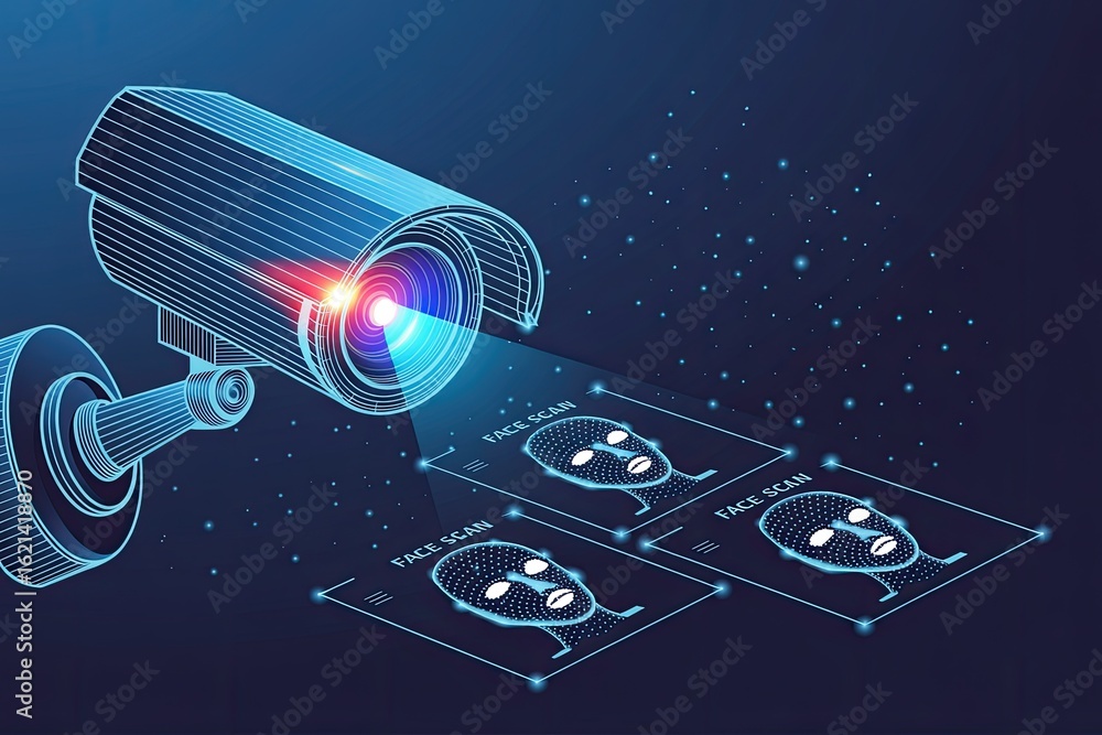 Poster high tech surveillance camera with advanced facial recognition technology scanning multiple individu