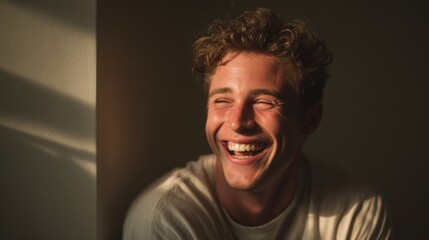Fototapeta premium Radiant Joy: A Young Man Bathed in Sunlight, Expressing Genuine Happiness