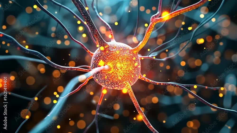 Poster neural spark: a detailed, artistic representation of a neuron, radiating with energetic sparks of co