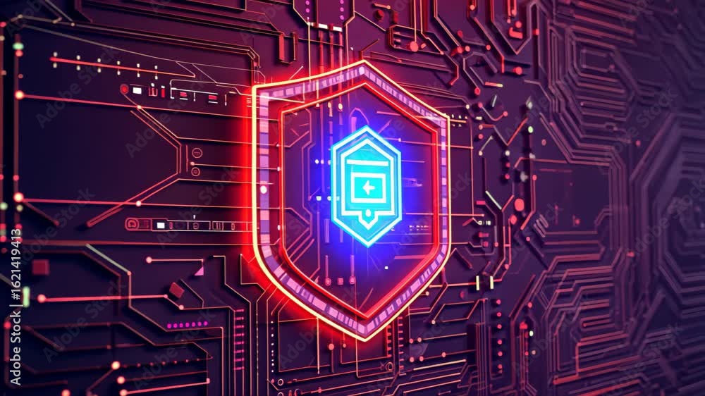 Poster cybersecurity shield icon: a vibrant and dynamic image featuring a glowing cybersecurity shield icon