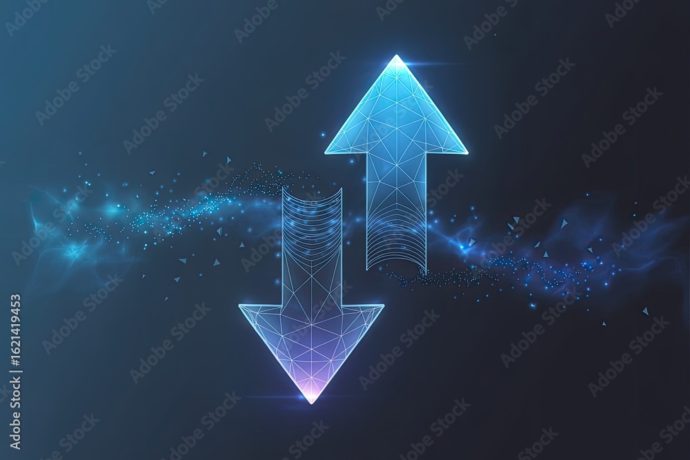 Poster two glowing blue arrows pointing in opposite directions up and down symbolizing exchange data transf