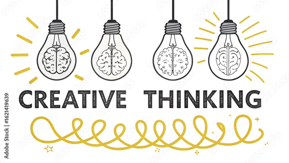 Poster creative thinking is represented by lightbulbs with brains inside on a transparent background
