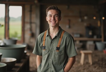 Irrigation specialist smiling while installing drip watering systems