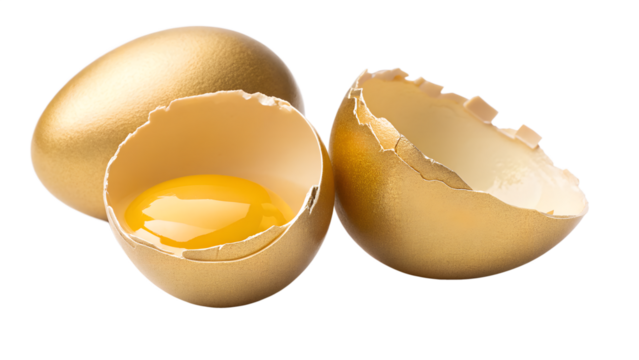 A golden egg and cracked golden eggshells are isolated on transparent background