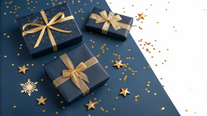 Blue and gold gifts with stars and snowflakes are arranged for a festive celebration isolated on transparent background