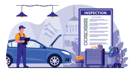Adobe Illustrator Artwork Flat illustration with transparent background of a car mechanic with a clipboard inspecting a vehicle in a garage with tools and an inspection checklist. auto service themes