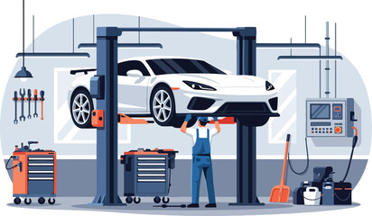 Flat illustration with transparent background of a car mechanic working under a vehicle lifted on a hydraulic ramp in a well-equipped auto repair shop. Ideal for service and maintenance themes