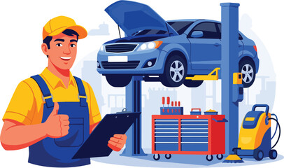 Adobe Illustrator Artwork Flat illustration with transparent background of a smiling mechanic giving a thumbs-up while holding a clipboard, with a car lifted on a hoist and a toolbox in a repair shop