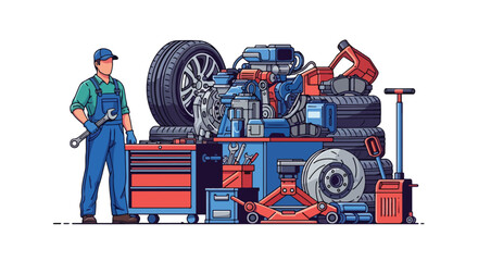 Flat illustration of a mechanic in overalls and a cap holding a wrench, standing beside car parts, tires, engine, tools, and equipment in an auto repair shop. transparent background