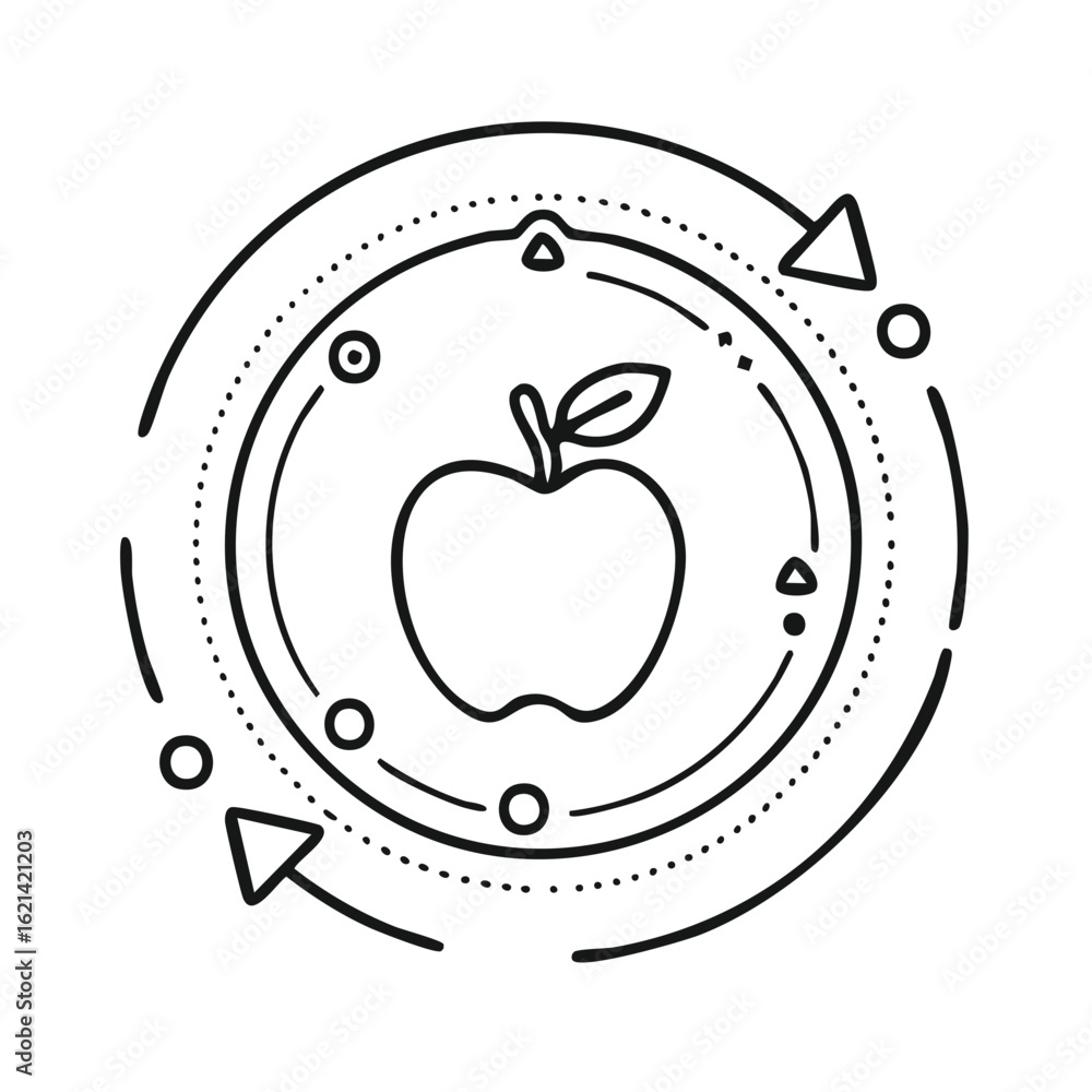 Poster stylized hand drawn apple with circular abstract graphic elements and arrows representing cycles
