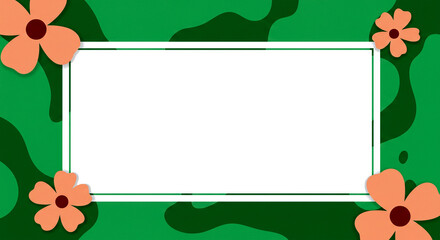 Horizontal banner or frame with paper-cut style orange flowers and layered green organic shapes, featuring a white rectangular copy space